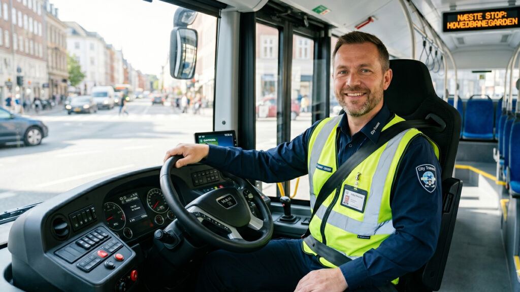 Buschauffør løn 2026: Så meget tjener du reelt bag rattet Smilende buschauffør bag rattet i en rutebus, der tænker på sin fremtidige buschauffør løn.