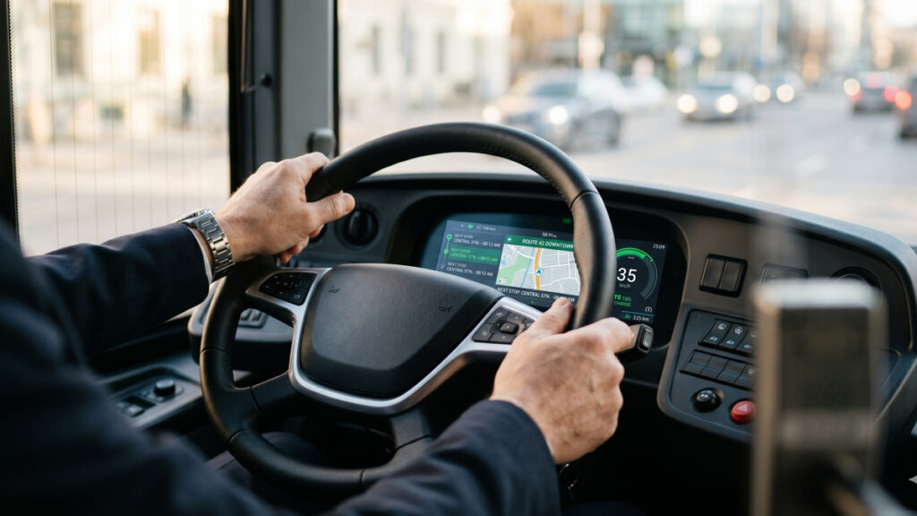 Nærbillede af instrumentbrættet i en moderne dansk elbus, som er arbejdspladsen for mange, der søger en god buschauffør løn.