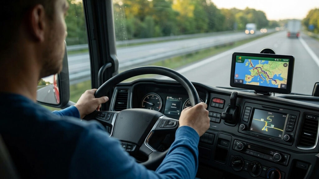 En lastbilchauffør kigger på sin GPS i førerhuset på vej ud på en ny rute.