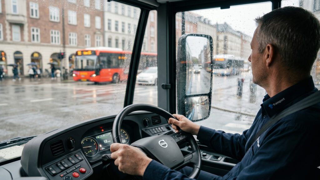 Buschauffør kigger koncentreret i bussens udvendige sidespejl under en testkørsel.
