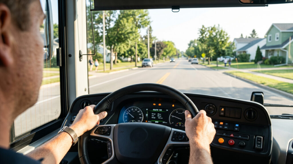 Nærbillede af en chaufførs hænder på rattet i en bus under køreundervisning på et AMU-kursus.
