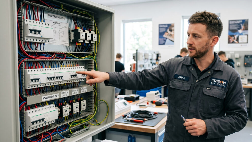 En elektriker peger på en eltavle og forklarer en kompleks installation under en faglig test til en jobsamtale.