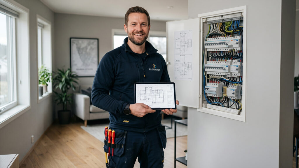 Hvad er en gennemsnitlig elektriker løn? En professionel faglært med tablet står foran en eltavle i et moderne hjem.