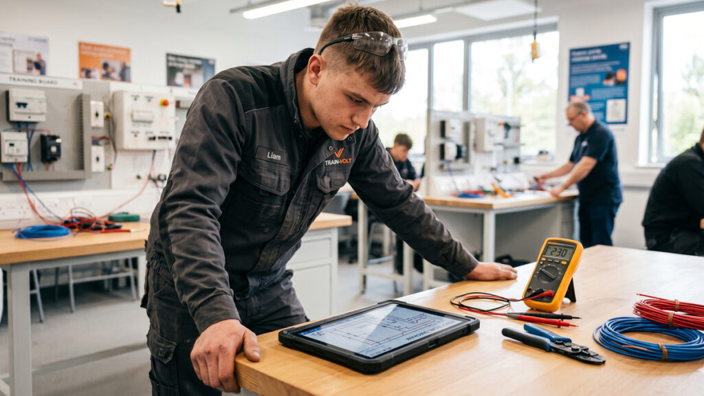Hvordan bliver man elektriker? Din komplette guide til uddannelsen Hvordan bliver man elektriker? En fokuseret lærling på elektrikeruddannelsen studerer en plantegning.