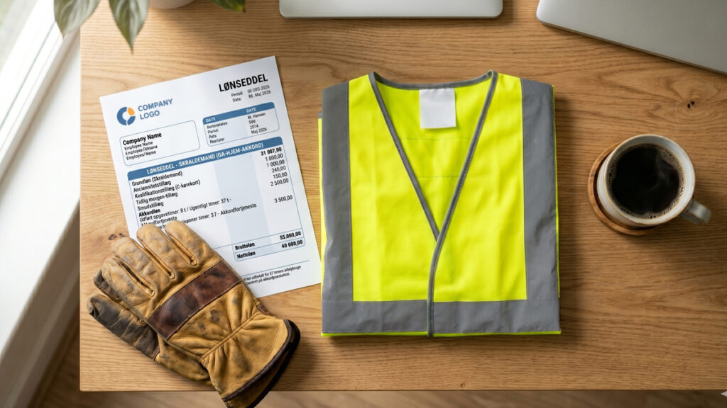 Grafisk eksempel på en skraldemand lønseddel, der viser specifikke skraldemand tillæg og forklarer, hvordan en gå hjem akkord skraldemand ordning fungerer i praksis.