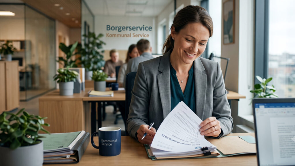 Socialrådgiver løn 2026: Den komplette guide til din indtjening En professionel rådgiver på sit kontor, der undersøger papirer vedrørende socialrådgiver løn og overenskomster.