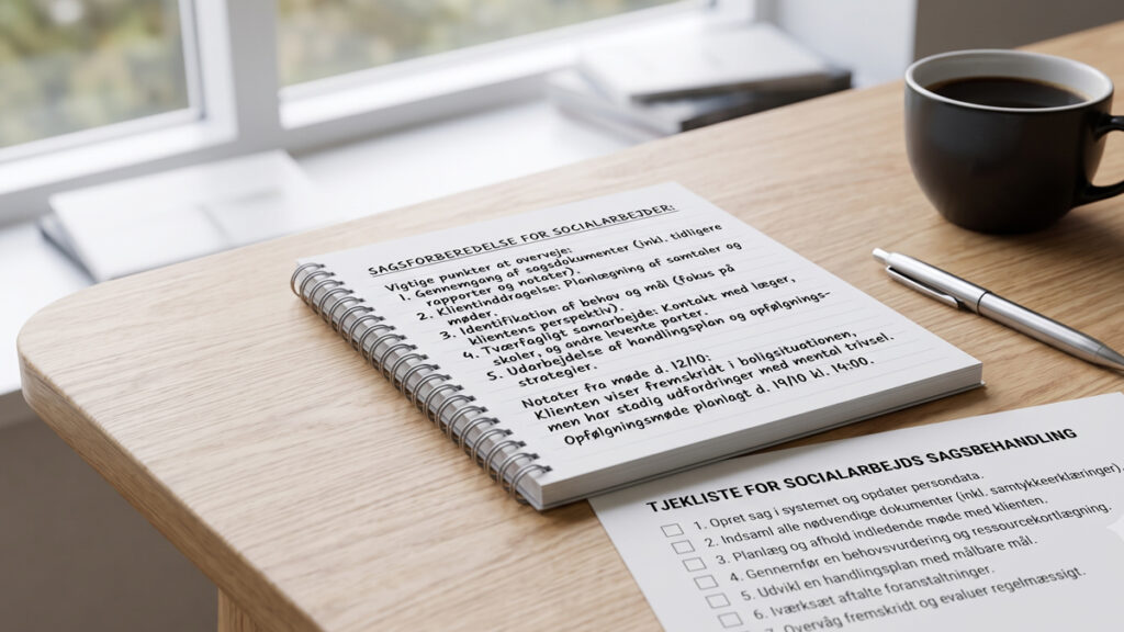 Tjekliste, CV og noter på et skrivebord forud for en jobsamtale som socialrådgiver.