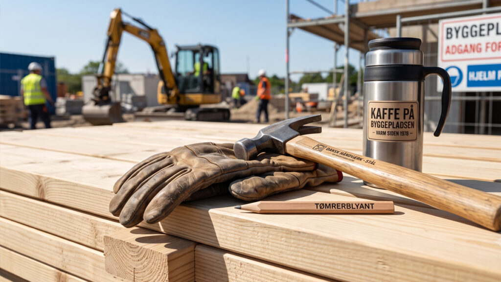 Tømrerværktøj, handsker og kaffe på en stak brædder på en byggeplads.