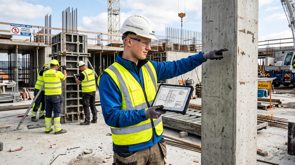 En bygningskonstruktør i praktik på en byggeplads med sikkerhedshjelm og tablet. Praktikken er et afgørende skridt på uddannelsen.