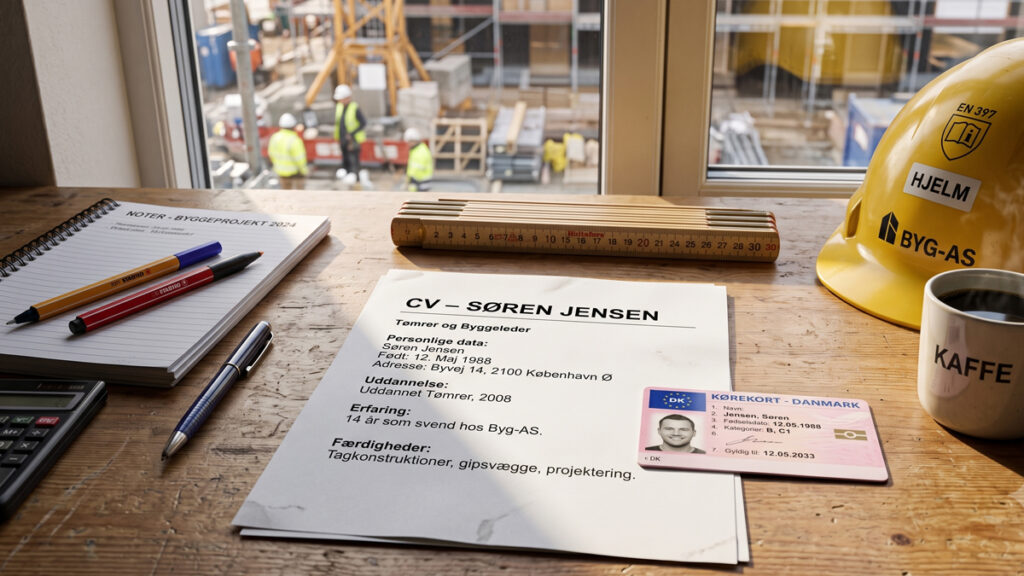 CV, kørekort og tommestok ligger klar på bordet inden en jobsamtale tømrer.