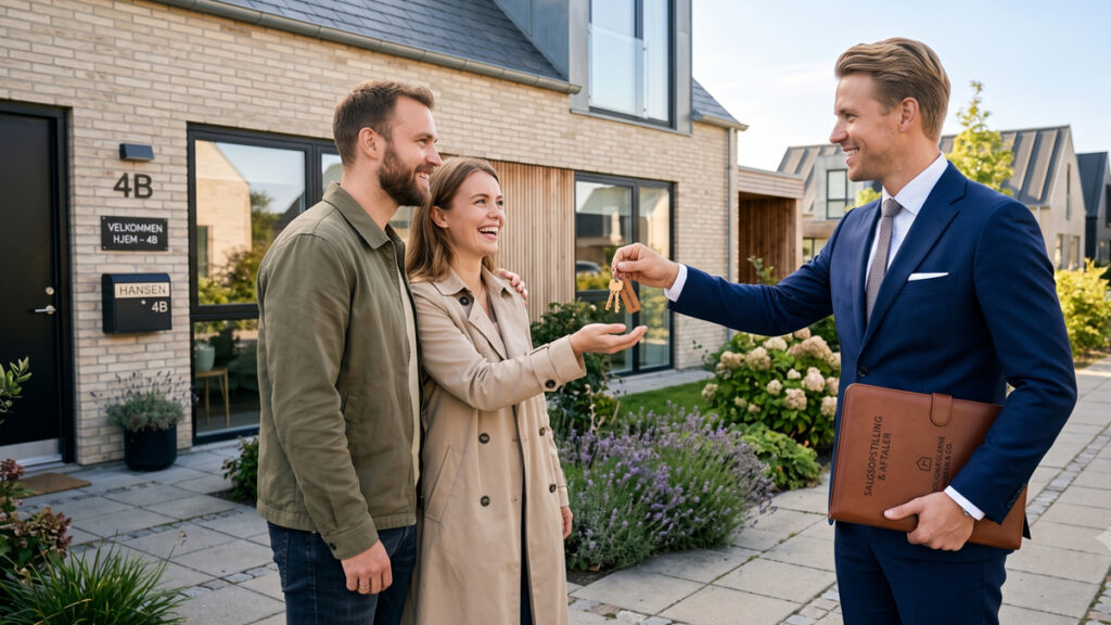 Ejendomsmægler løn 2026: Den komplette guide til din indtjening i branchen En professionel ejendomsmægler overrækker nøglerne til glade huskøbere. Læs alt om ejendomsmægler løn og provision.