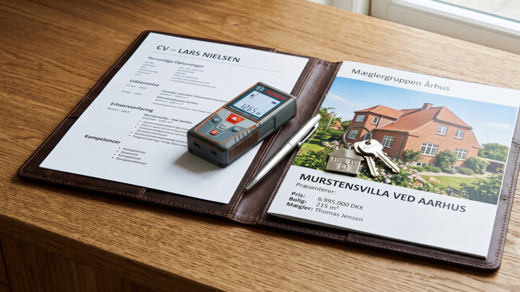 Et CV, en salgsopstilling, en lasermåler og husnøgler ligger klar på skrivebordet. Tjeklisten skal være på plads inden din jobsamtale ejendomsmægler.