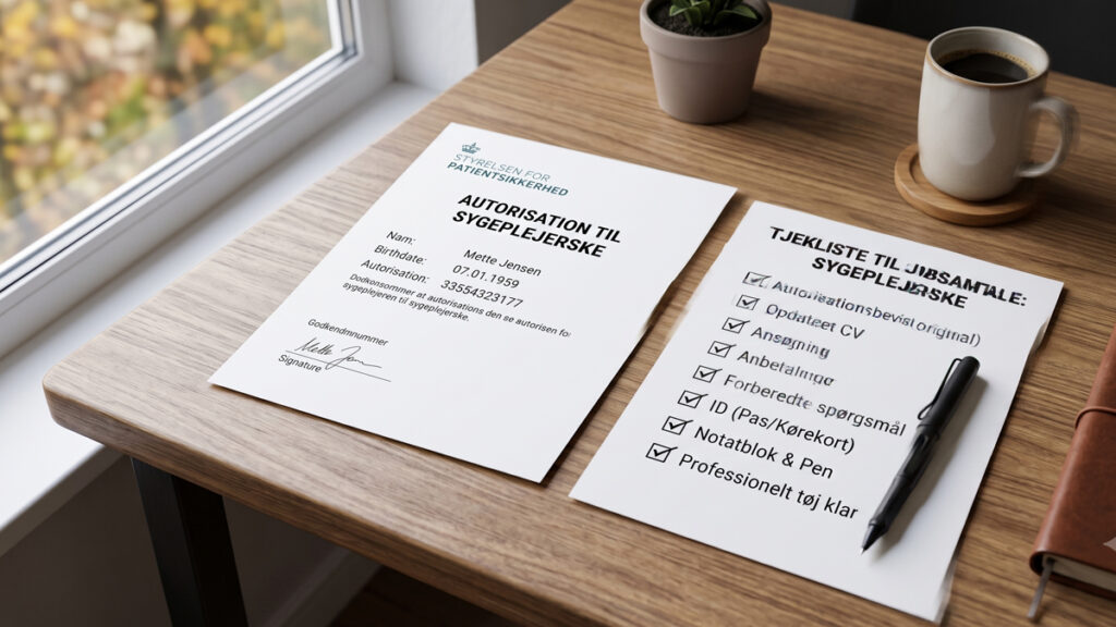 Forberedelse til jobsamtale med CV, autorisation og tjekliste for sygeplejersker.