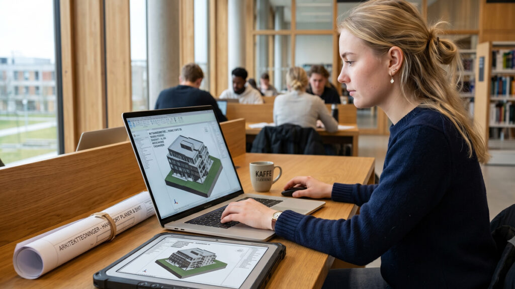 En studerende på bygningskonstruktøruddannelsen arbejder i et BIM-program på sin computer. Læs hvordan bliver man bygningskonstruktør.