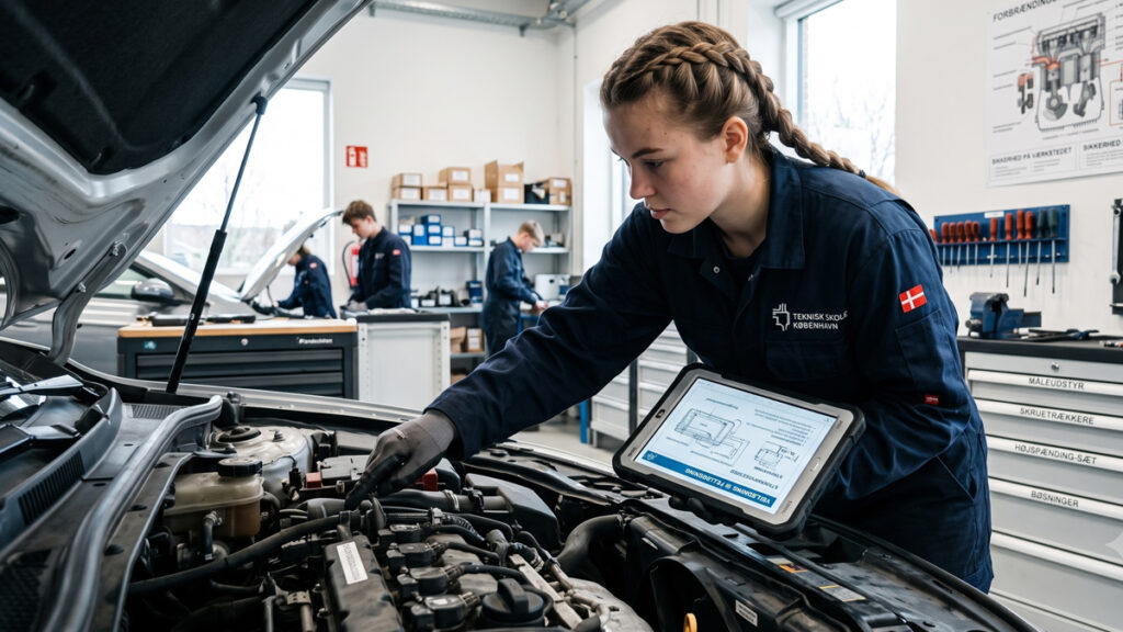 En ung lærling studerer en digital manual på erhvervsskolen, som første skridt i guiden til, hvordan bliver man mekaniker.