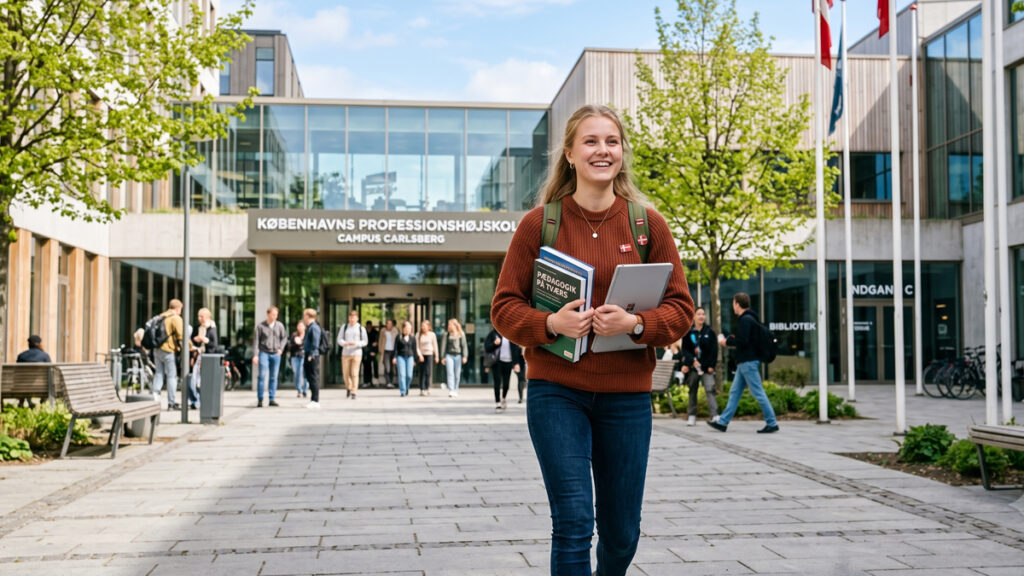 Hvordan bliver man Pædagog? Den komplette guide til uddannelsen En smilende studerende på campus - få svar på hvordan bliver man pædagog og læs alt om adgangskrav pædagog og pædagoguddannelsen.