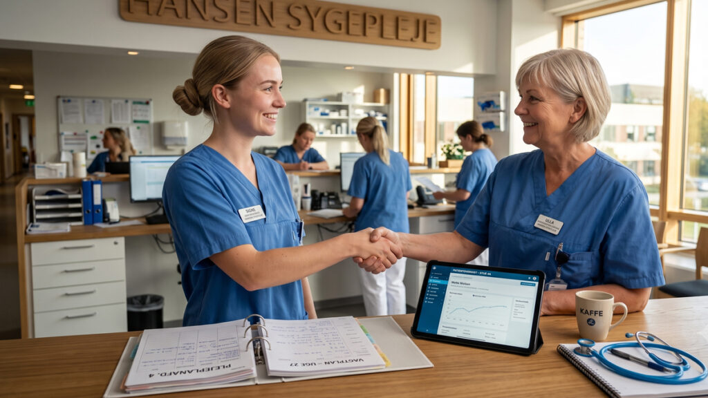 Hvordan bliver man sygeplejerske? Din komplette guide til uddannelsen En smilende ung nyuddannet sygeplejerske giver hånd til sin supervisor ved en hospitalsstation. Din komplette guide til hvordan bliver man sygeplejerske.
