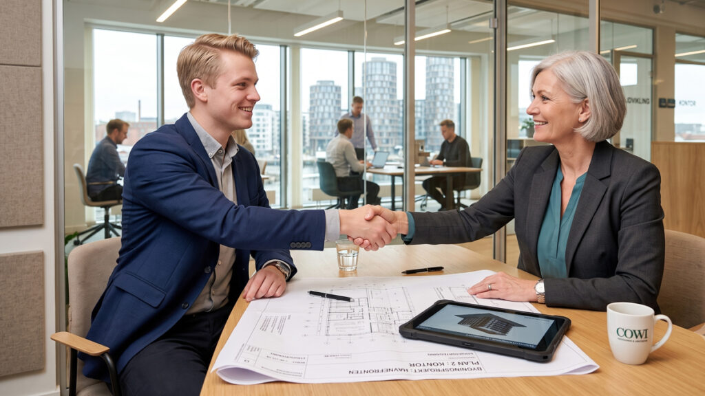Jobsamtale bygningskonstruktør: Den ultimative guide til at score jobbet En ung bygningskonstruktør giver hånd til tegnestuelederen efter en succesfuld jobsamtale bygningskonstruktør.