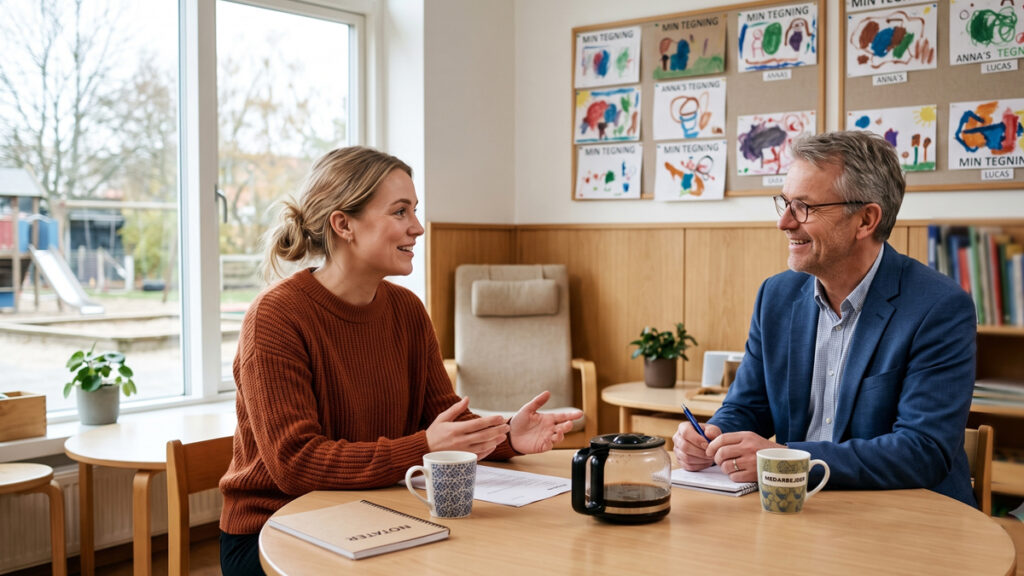 Jobsamtale pædagog: Sådan overbeviser du lederen (Den fulde guide) En smilende og nærværende kandidat til jobsamtale pædagog på kontoret hos institutionslederen.