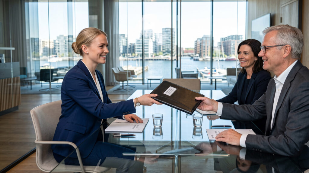 Jobsamtale Revisor: Sådan scorer du jobbet (Den komplette guide) En skarp og velforberedt kandidat hilser på partnerne til en jobsamtale revisor i et stort revisionshus.