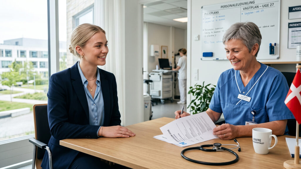 En ung sygeplejerske til jobsamtale hos en afdelingssygeplejerske på et dansk hospital. Din guide til at forberede en jobsamtale sygeplejerske.