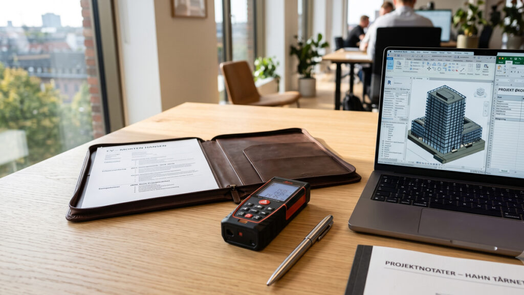 Et ryddeligt skrivebord med BIM-modeller, lommeregner og en bærbar computer. Værktøjerne og tillæggene er afgørende for at beregne en præcis bygningskonstruktør løn.