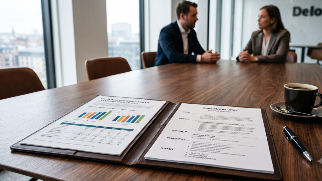 Kontrakt og finansielle grafer ligger klar på bordet til en lønforhandling om en statsautoriseret revisor løn i et Big 4 firma.