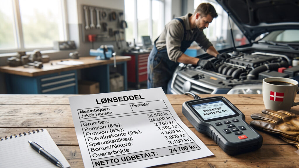 Gennemgang af tillæg, pension og akkord på lønsedlen for at beregne den præcise mekaniker løn i timen.