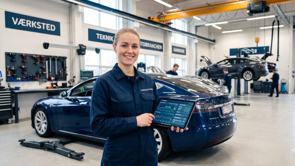 En smilende automekaniker med en diagnosetablet foran en elbil - et speciale der hæver din gennemsnitlige mekaniker løn markant.