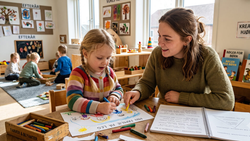 Pædagogstuderende i lønnet praktik hjælper et barn - en central del af pædagoguddannelsen for dig, der vil bliv pædagog.