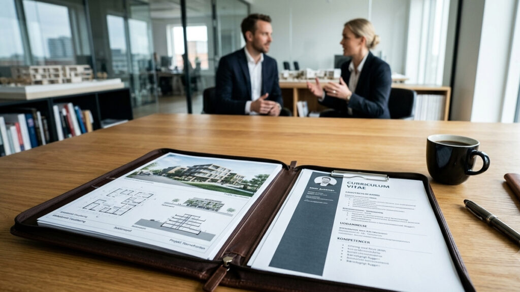 Et åbent CV og en portfolio med 3D-tegninger ligger klar på bordet til en jobsamtale.