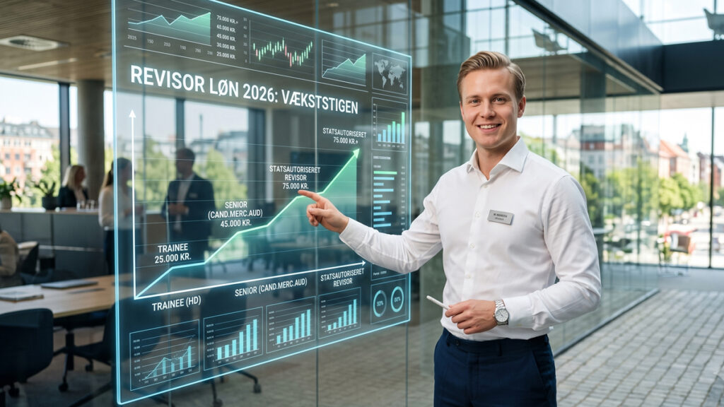 En professionel revisor analyserer finansielle data på et moderne kontor i København - læs alt om revisor løn og karrierevej.