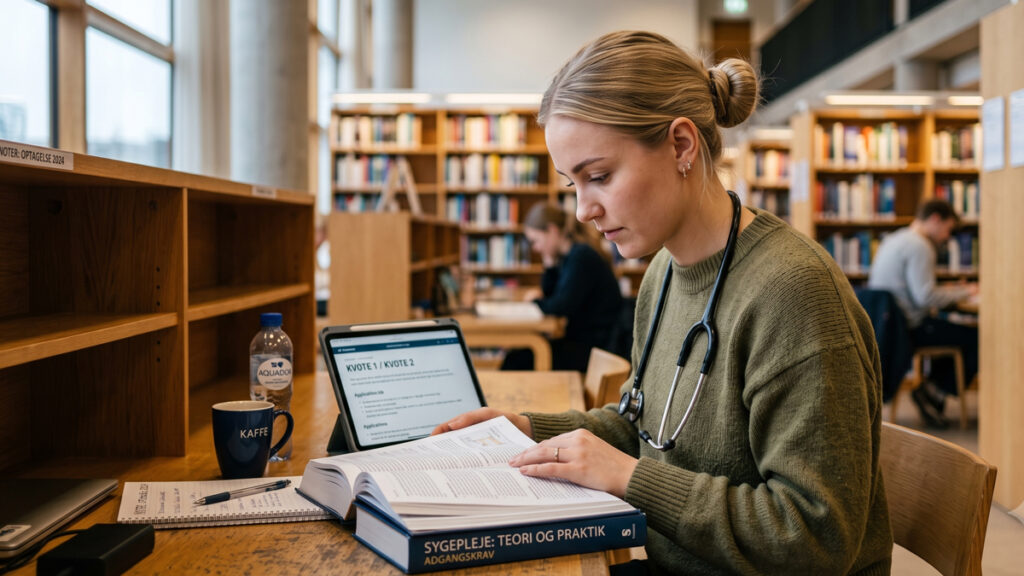 En sygeplejestuderende forbereder sig og læser om sygeplejerske adgangskrav og forskellen på kvote 1 og kvote 2 optagelse.