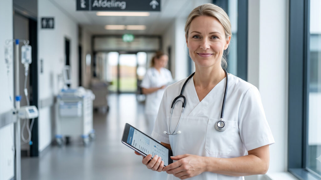 Sygeplejerske løn 2026: Den komplette guide til din indtjening En smilende nyuddannet sygeplejerske og en supervisor shaking hands ved en hospitalsstation. Din komplette guide til sygeplejerske løn og jobsamtale.