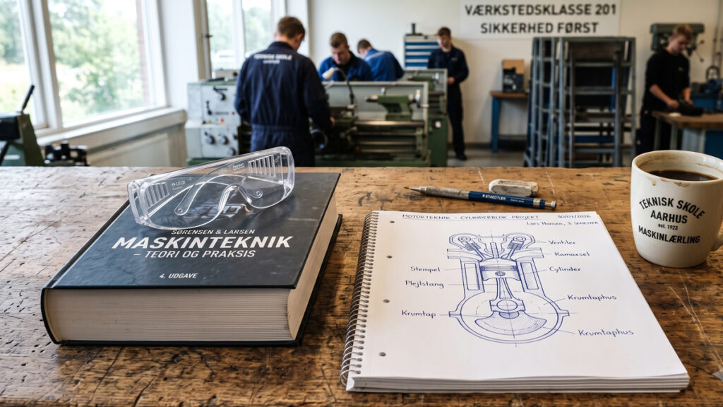Studiebøger, noter og sikkerhedsbriller ligger klar på bordet og afspejler de strenge krav for at blive mekaniker.