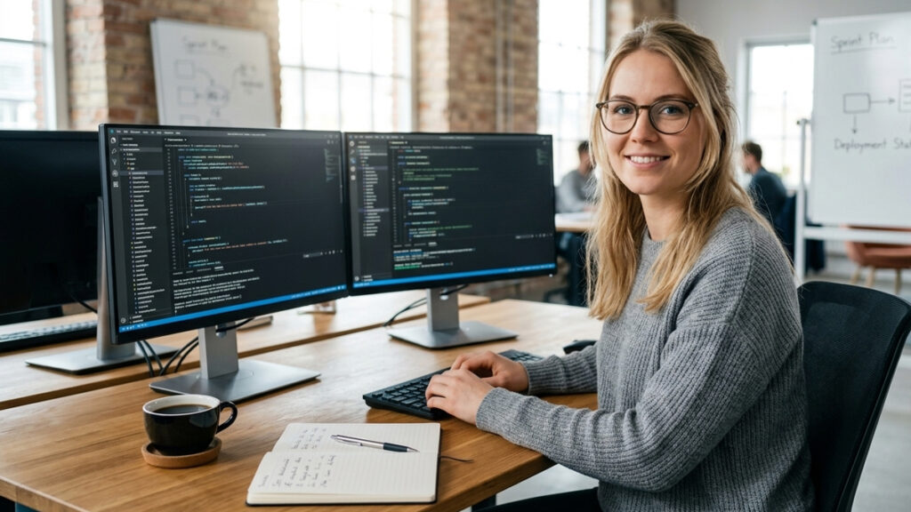 En smilende softwareudvikler sidder ved sine skærme på et moderne IT-kontor, som repræsentation på den høje datamatiker løn.
