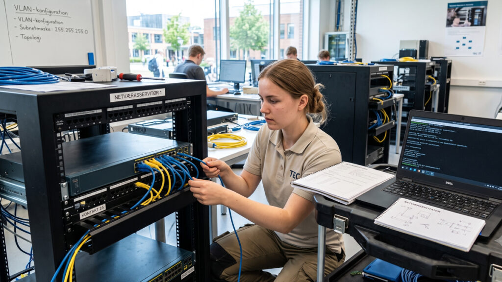 En IT-studerende konfigurerer en netværksserver på erhvervsskolen. Få svaret på, hvordan bliver man it supporter, og læs alt om din it supporter uddannelse.