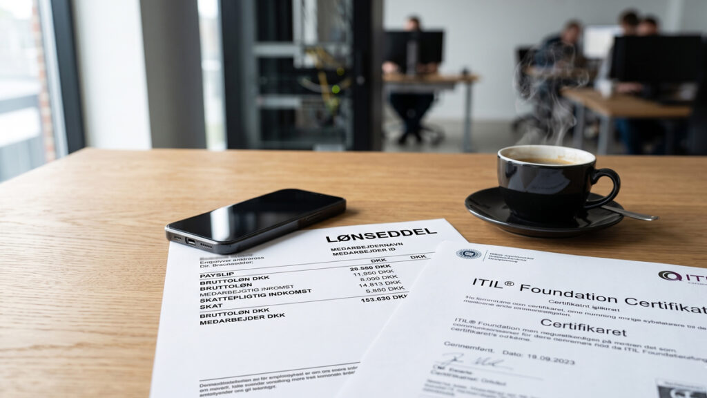 Et udskrevet CV og ITIL-certifikat ligger klar på skrivebordet inden en jobsamtale IT supporter.