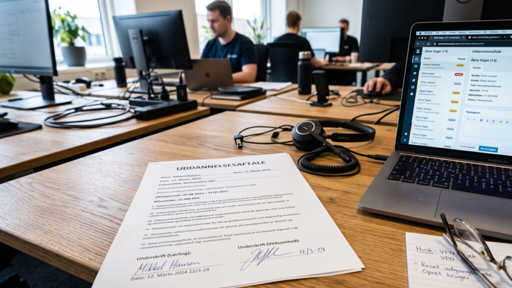 En underskrevet uddannelsesaftale ligger klar på skrivebordet. At finde en it supporter læreplads er et afgørende skridt i uddannelsen, især som it supporter elev voksen.