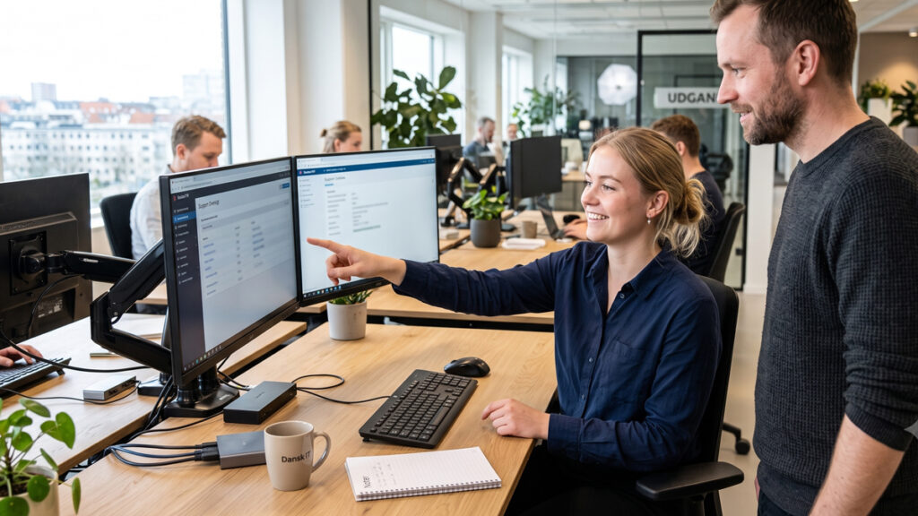 En smilende medarbejder hjælper en kollega ved skærmen. Få det fulde overblik over din it supporter løn og se, hvad du kan forvente i løn som it supporter.