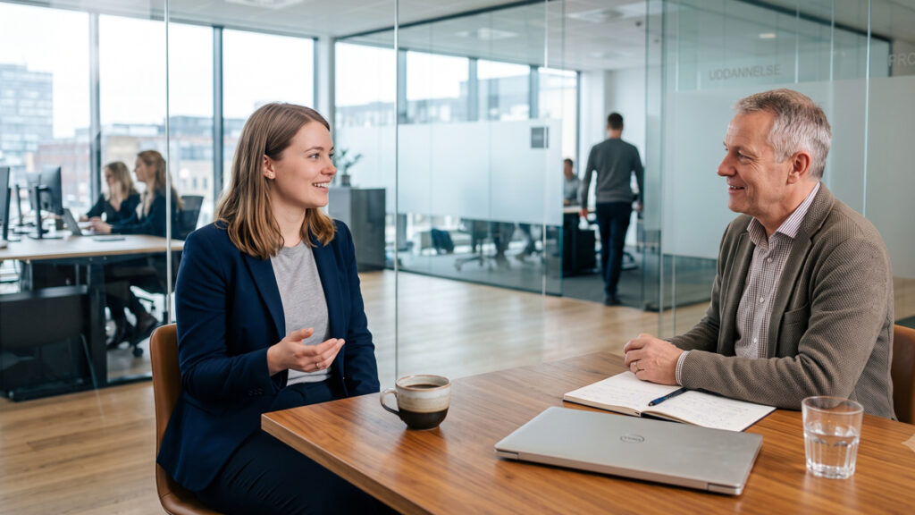 En vel forberedt softwareudvikler til en jobsamtale datamatiker over for IT-chefen i et moderne tech-firma.