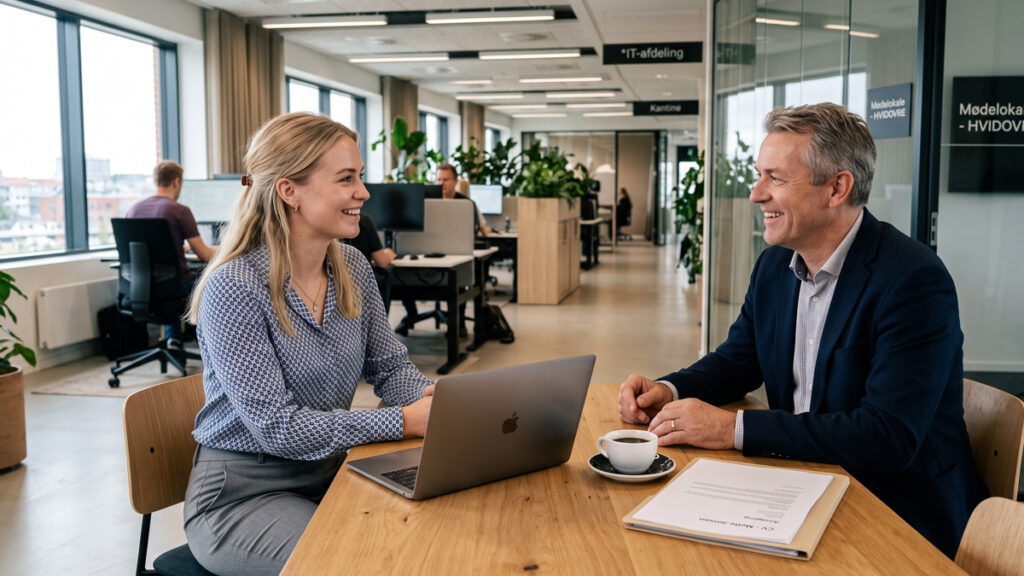 Jobsamtale IT supporter: Den ultimative guide til at score jobbet En ung ansøger til en jobsamtale IT supporter sidder over for IT-chefen i et moderne mødelokale.