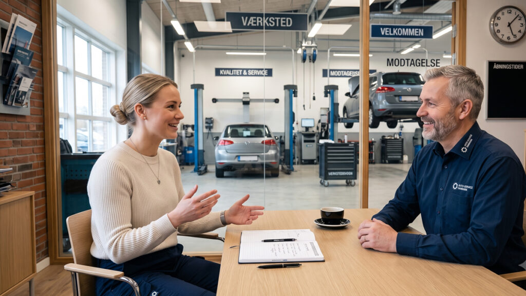 Jobsamtale mekaniker: Sådan overbeviser du værkføreren (Den fulde guide) En kvindelig mekanikeransøger smiler under en professionel jobsamtale mekaniker i et lyst autoværkstedskontor.