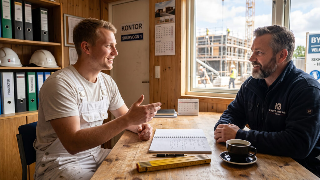 En ung murersvend i hvidt arbejdstøj smiler under en professionel jobsamtale murer i en skurvogn på byggepladsen.