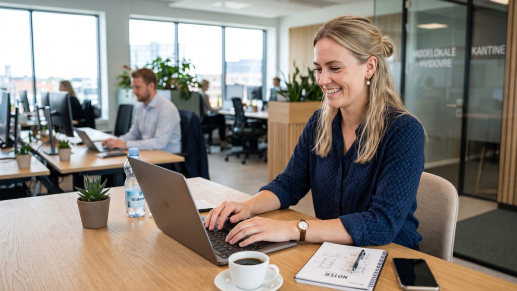 Kontorassistent løn 2026: Den komplette guide til din indtjening En smilende kontorassistent arbejder ved sin computer. Læs alt om din fremtidige kontorassistent løn og beregn din forventede indtjening her.