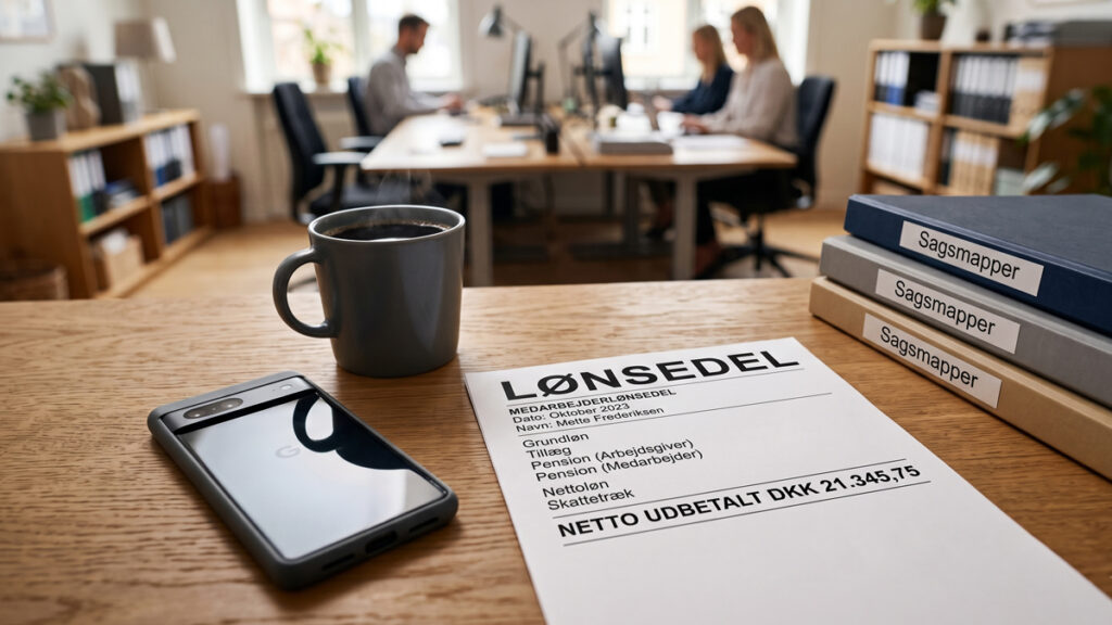 En dansk lønseddel ligger på et skrivebord. Forstå hvordan pension, tillæg og overenskomst påvirker din samlede kontorassistent løn.