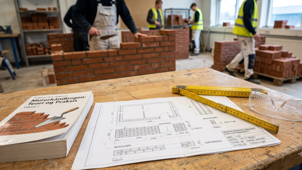 Studiebøger, tommestok og byggetegninger ligger klar på bordet og afspejler de faglige krav for at blive murer.