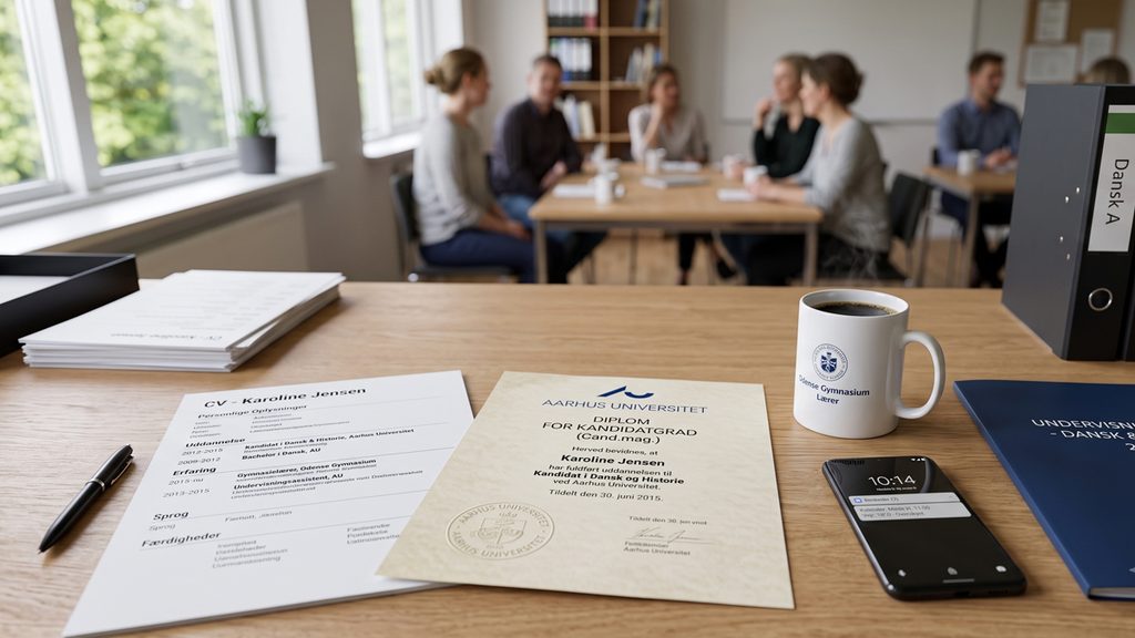 Et udskrevet CV og eksamensbevis ligger klar på skrivebordet inden en jobsamtale gymnasielærer.