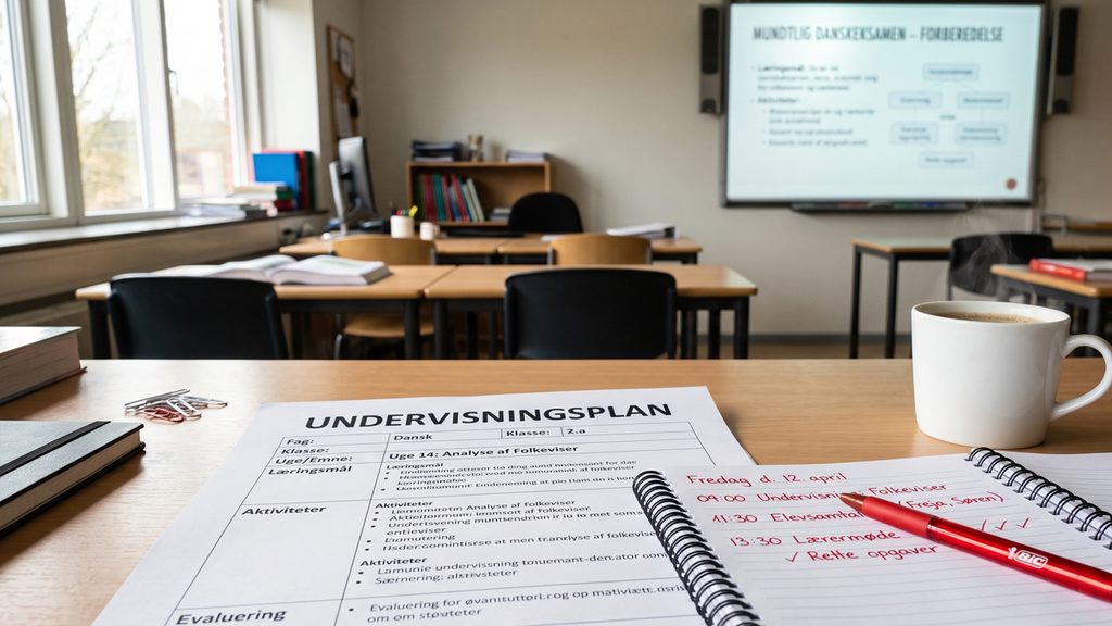 En undervisningsplan og en rød kuglepen ligger klar på lærerens skrivebord. Læs om pædagogikum og de faglige mindstekrav her.