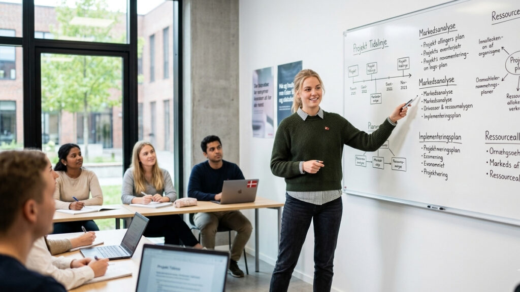 En studerende præsenterer en projektplan på en uddannelse i projektledelse. Mange spørger, hvordan bliver man projektleder gennem det formelle system?